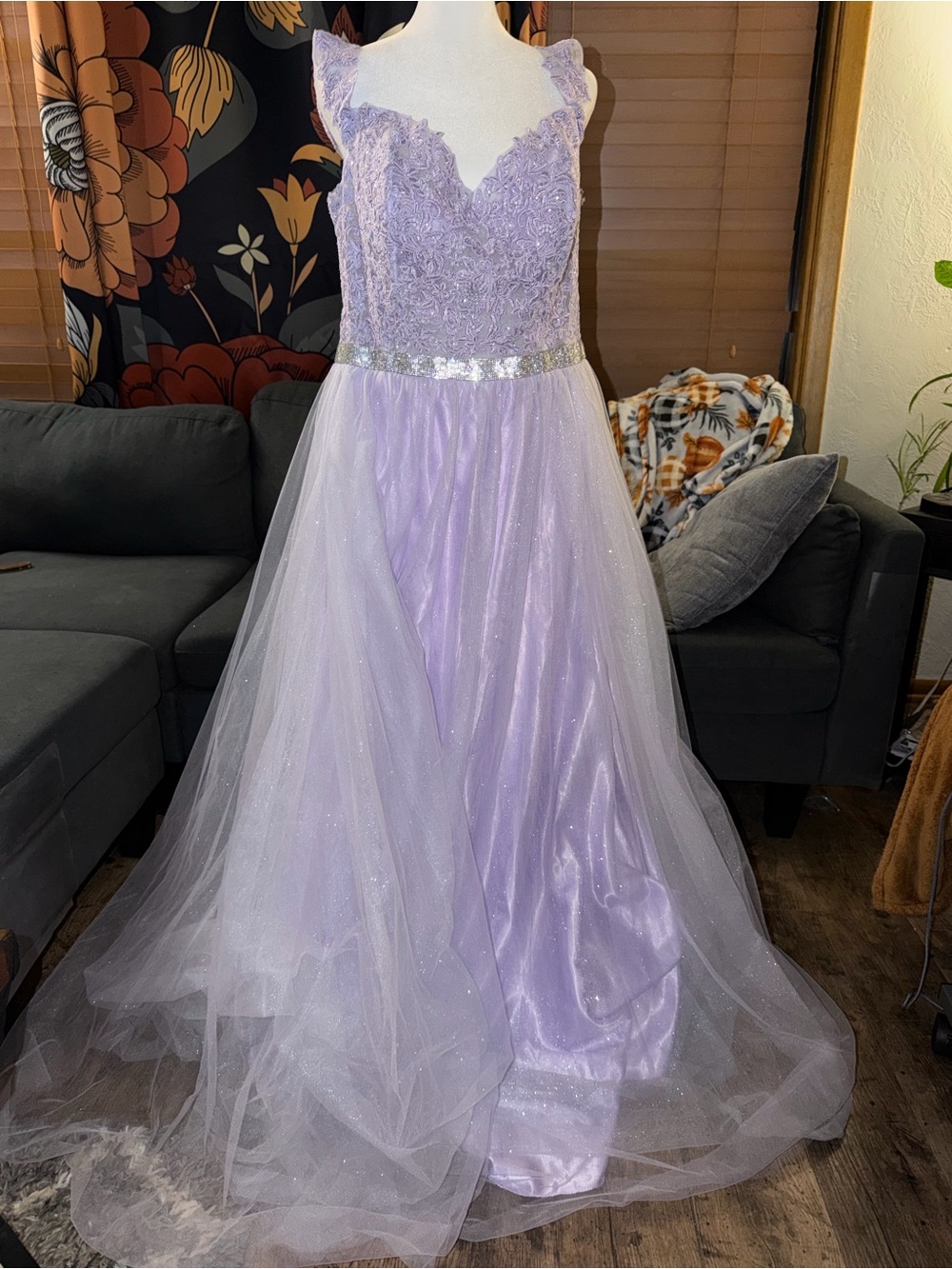 May Queen Purple Lace Appliqué rhinestone Sequin Long Formal Gown Quinceañera
